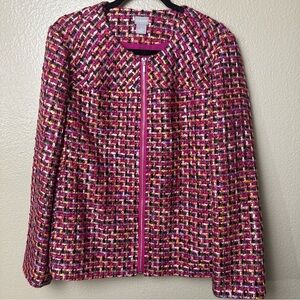 Chico's Jacket Womens XL Size 3 Zip Front Tweed Blazer Pink Multicolor